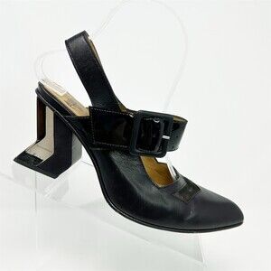 John Fluevog Slingback Mary Jane Heels Black Geometric Block Heel Size 7.5